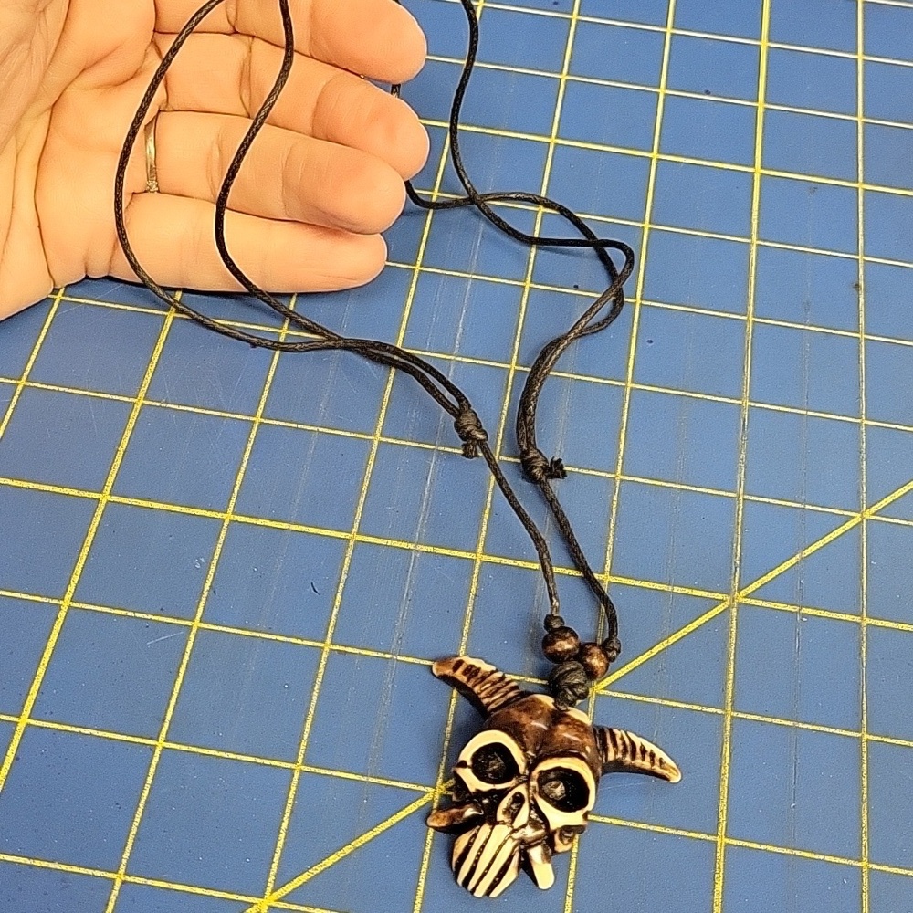 Bull Skull Cow Antler Black Pleather Adjustable Necklace Western